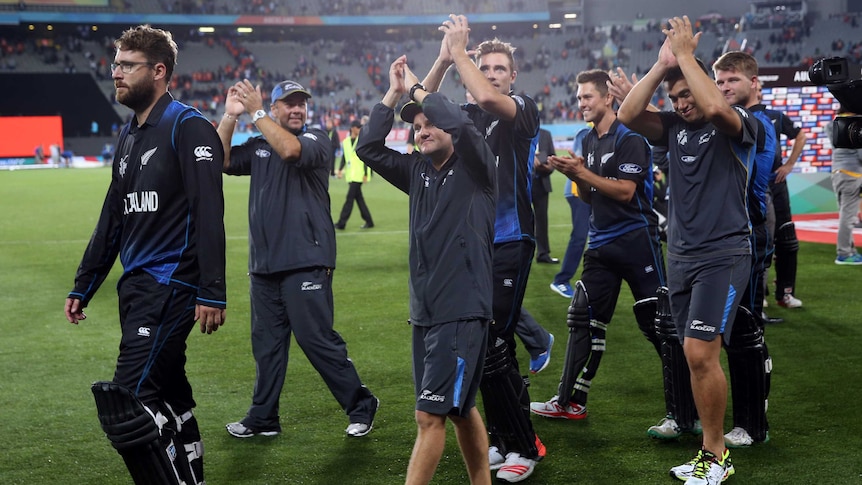 New Zealand players thank fans for their support after winning the Cricket World Cup semi-final.