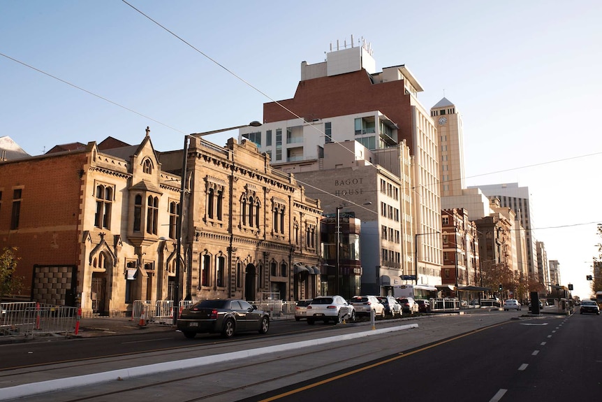 A clump of largely empty buildings on North Terrace in Adelaide