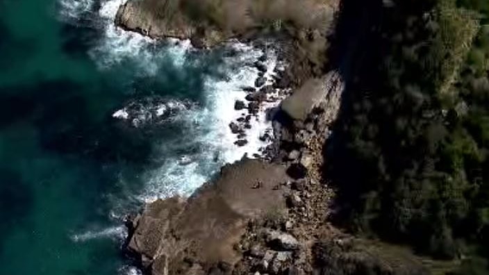 A rock platform juts into the ocean from dense bushland.