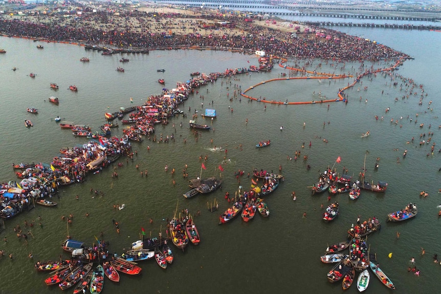 Huge gatherings along the Ganges river for the Kumbh Mela festival