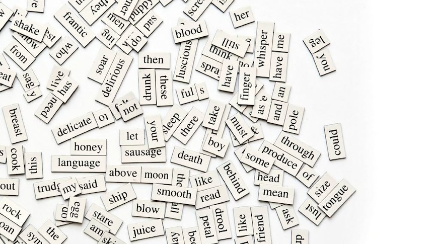 A mass of magnetic poetry words, presumably stuck to a fridge