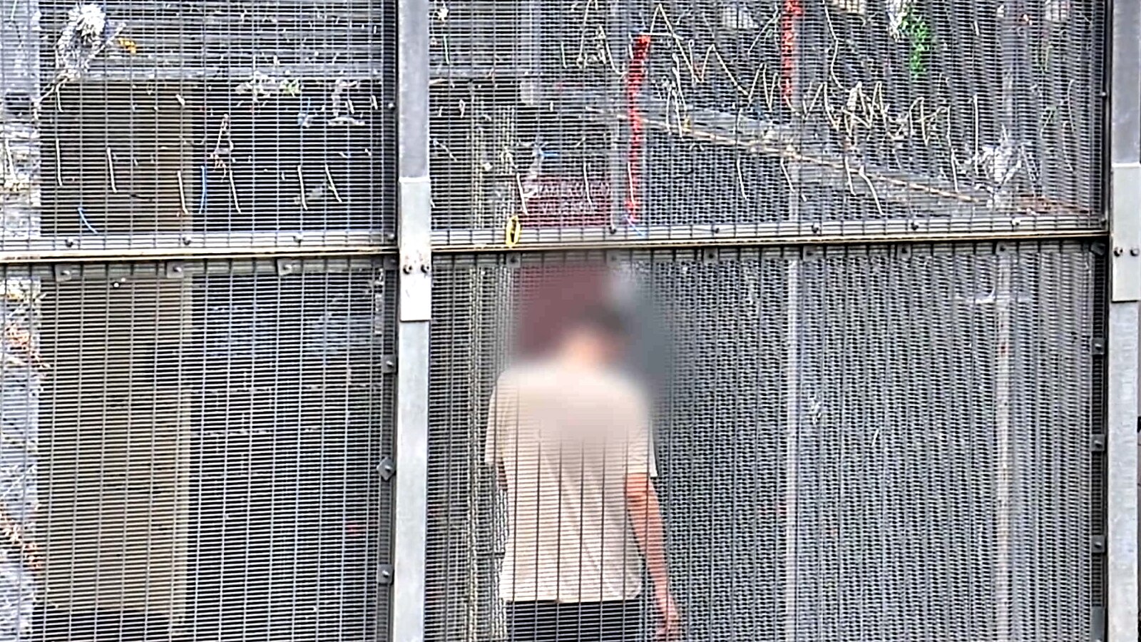 A man's back and blurred head can be seen through a high-security tall fence in CCTV footage.