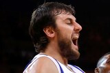 Conference title ... Andrew Bogut (L) celebrates during the Warriors' win over the Rockets