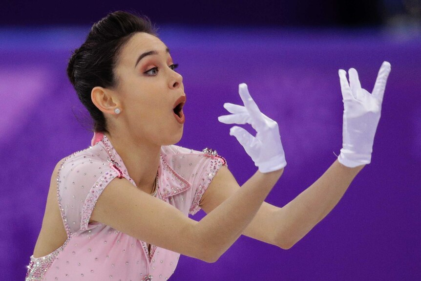 Kailani Craine gestures with her hands during the women's short program at the Olympic Winter Games.