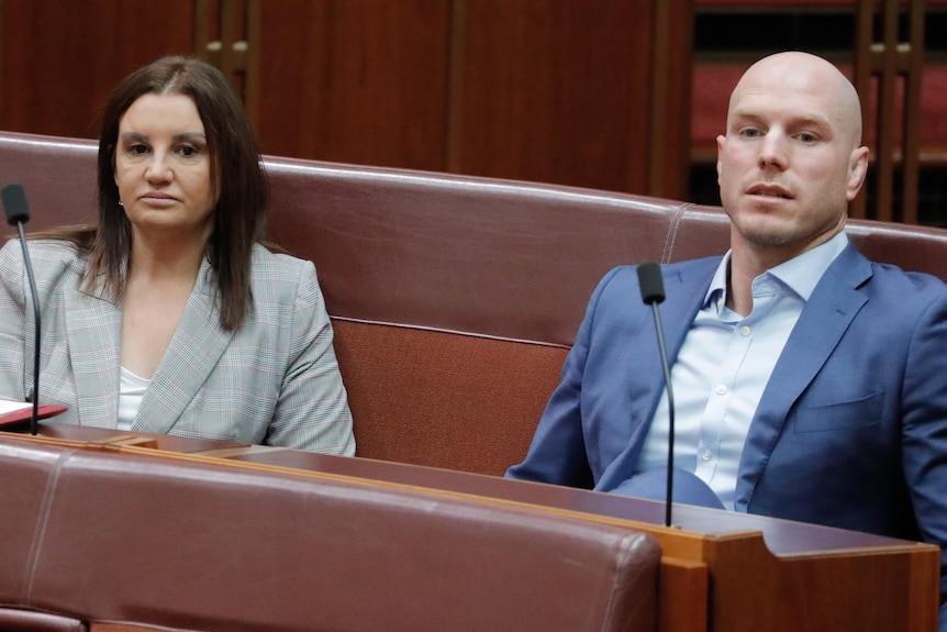 Jacqui Lambie, David Pocock sitting next to each other during Senate Question Time.