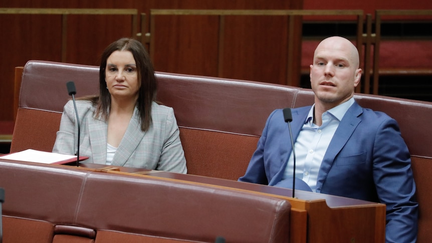 Jacqui Lambie, David Pocock sitting next to each other during Senate Question Time.