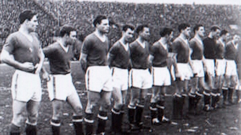 Manchester United lines up against Red Star Belgrade in the European Cup on February 6, 1958.