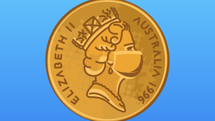 An illustration of an Australian coin, with the Queen wearing a mask.