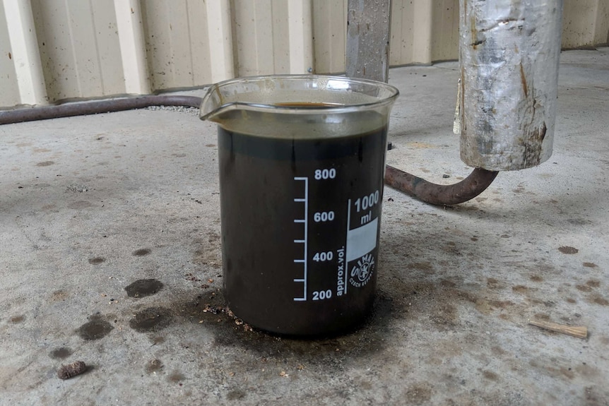 A glass beaker holds a dark liquid