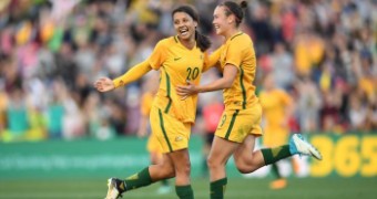 Sam Kerr celebrates her goal against Brazil