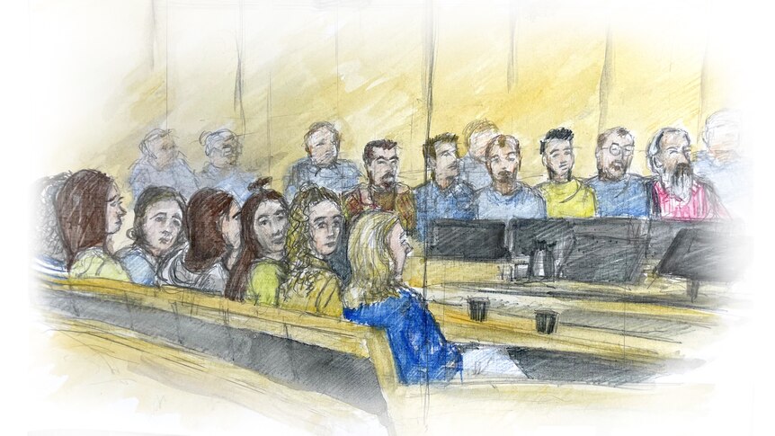 a court artist's sketch of a large group of people in a courtroom
