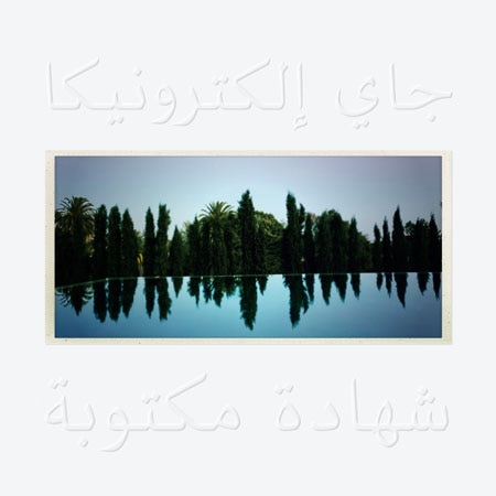 Arabic writing and a photo of trees reflected in a body of water on the cover of Jay Electronica's A Written Testimony
