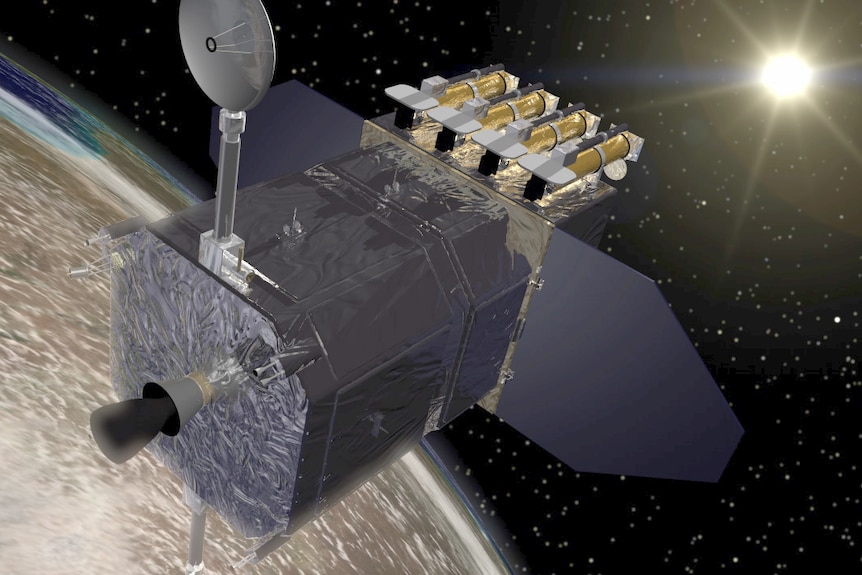 a digital rendering of the Solar Dynamics Observatory satellite orbiting in space