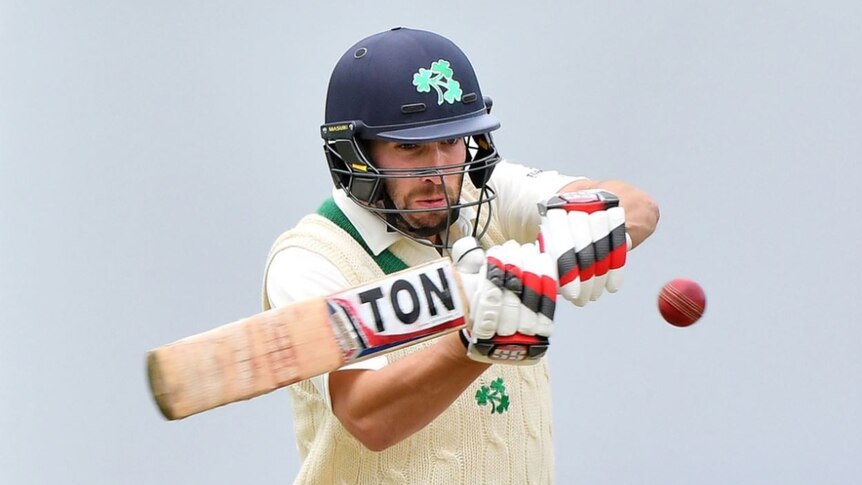 A cricketer holding a bat and wearing a helmet with a clover logo swings at a red ball.