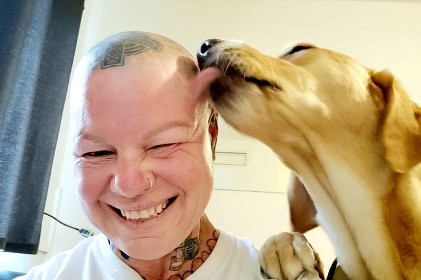 A woman smiling, being licked by a dog