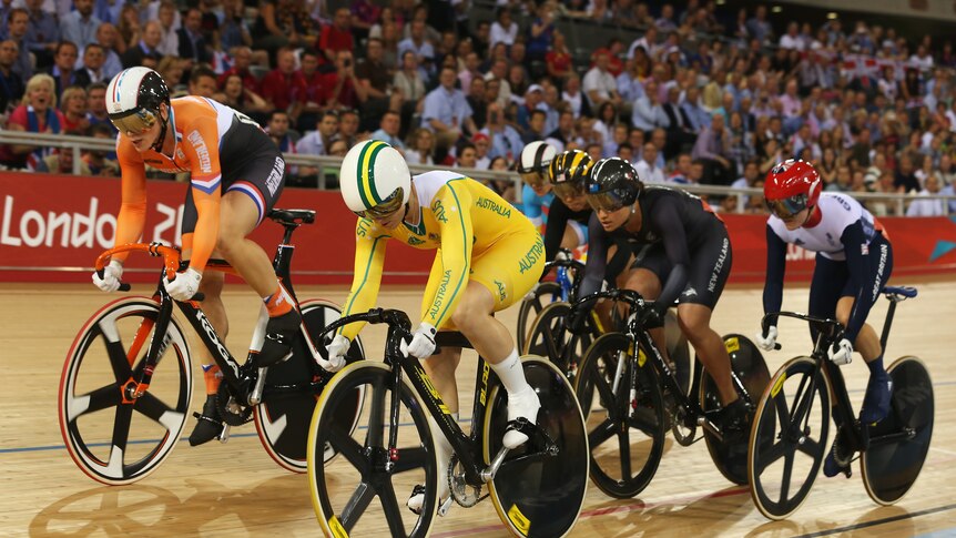 Front runner ... Anna Meares competes in her heat of the women's keirin