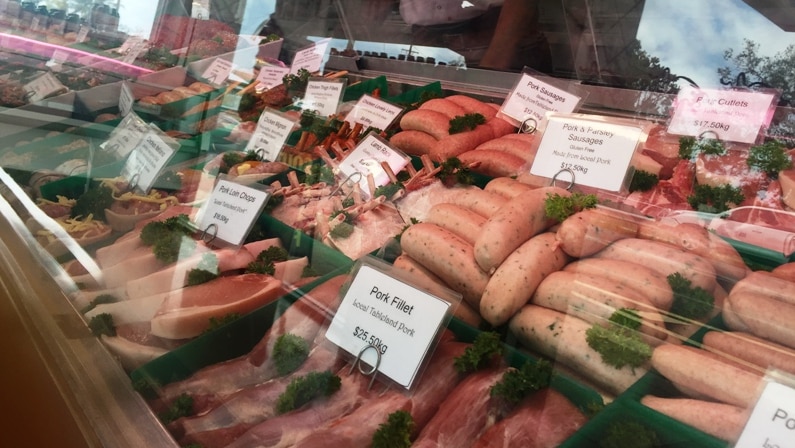 Fresh meat on display in a butcher's shop