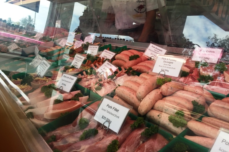 Fresh meat on display in a butcher's shop