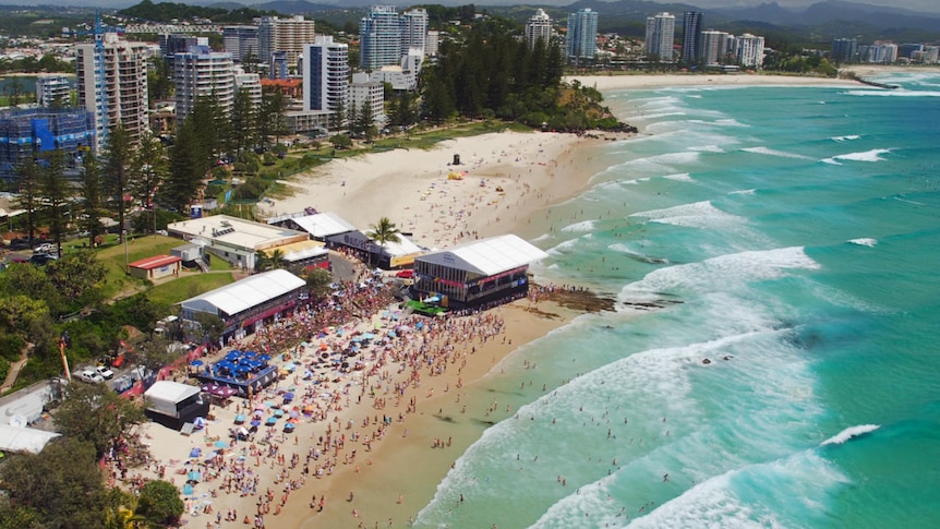 snapper rocks from the air during a surfing competition