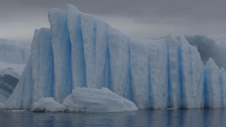 A large chunk of ice that looks slightly blue at Prospect Point in Antarctica.