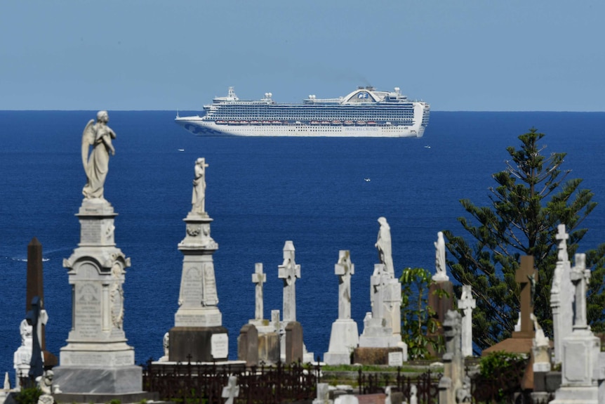 A huge cruise ship is seen in the background, a cemetery is seen in the foreground.