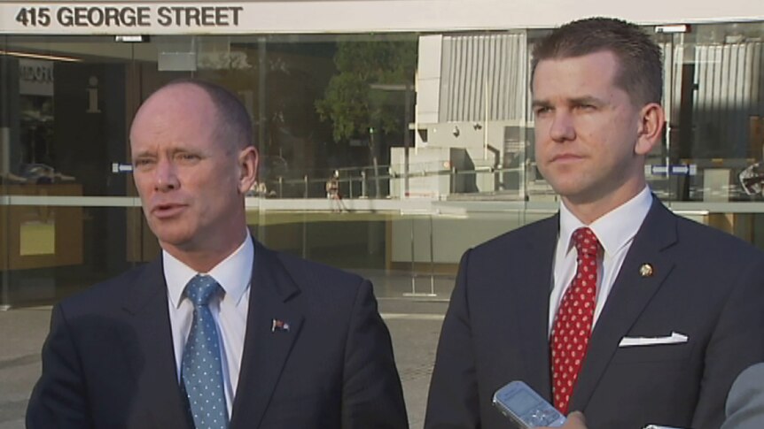 Premier Campbell Newman and Attorney-General Jarrod Bleijie outside Brisbane courts complex