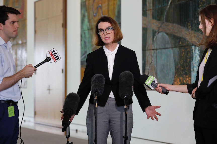 A woman with a bob cut and glasses stands in front of a mural responding to journalists' questions.