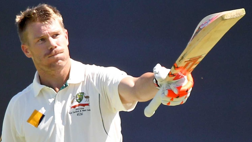 David Warner holds up his bat to celebrate a century.