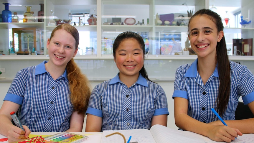 Eloise Holwill, Angela Jia and Zara Mammone sit at a desk in the school science lab.