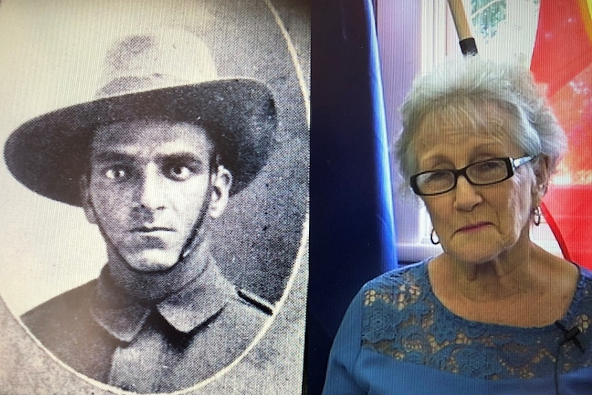 A black and white photo of an Australian ANZAC soldier is next to a coloured picture of a woman wearing glasses
