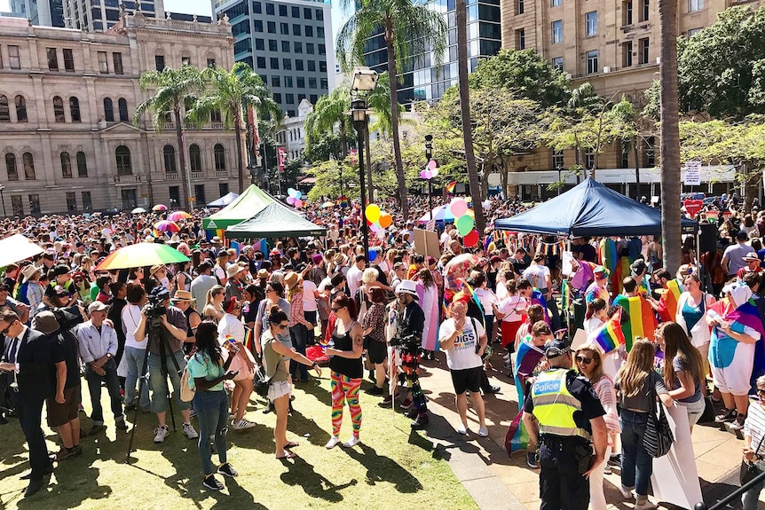 Crowd at Brisbane same-sex marriage rally at Queens Gardens in CBD