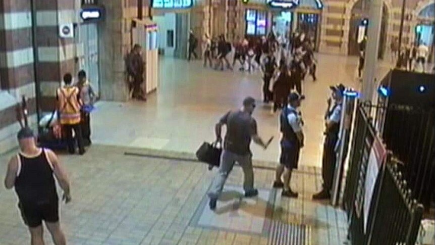 CCTV vision shows the moment Mark Thompson stabbed Constable Hayden Edwards at Central Station.