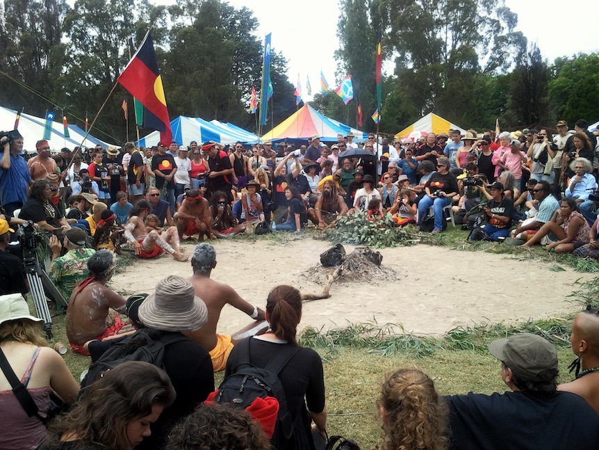 A Welcome to Country ceremony marks the 40th anniversary of the Aboriginal Tent Embassy in Canberra.