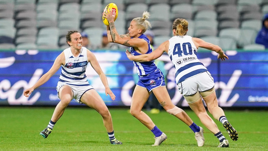 Jessica Trend of the Kangaroos contests for the ball during the Round 6 AFLW match between the Geelong Cats and the Kangaroos.