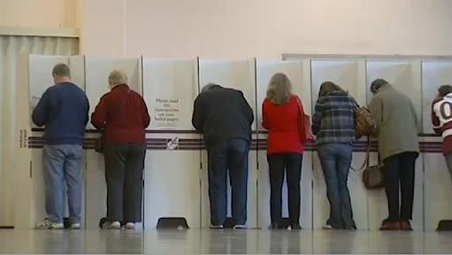 People stand at voting booths