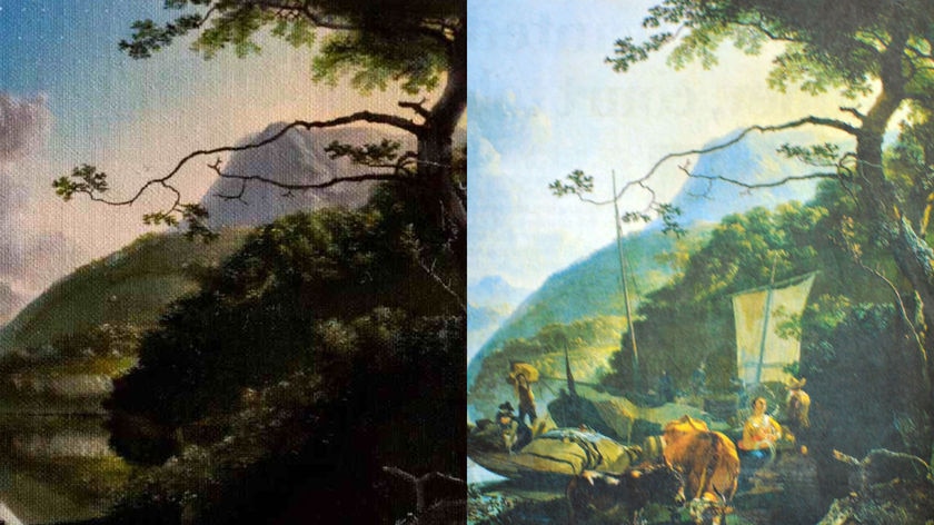 Spot the difference: Sam Leach's Proposal for Landscaped Cosmos (left) and Adam Pynacker's 1660 work Boatmen Moored on the Shore of a Lake (right).