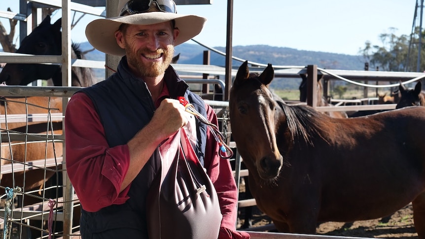 Gavin Heywood stands in front of a brown horse, holding a bag of horse blood.