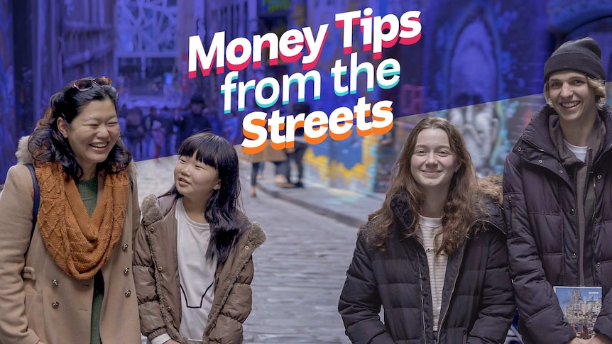 The words "Money tips from the streets" a purple background, illustrating our 7 money tips to kick-start your savings