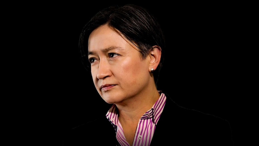 Penny Wong holds a stern expression on her face. She is pictured against a stark, black background