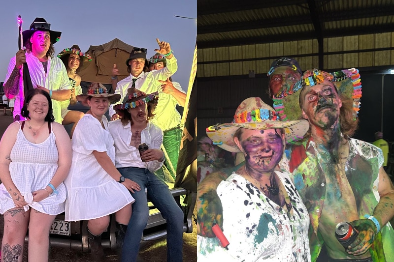 a photo of a group wearing white sitting on a car on the left, next to a photo of the couple with food dye 