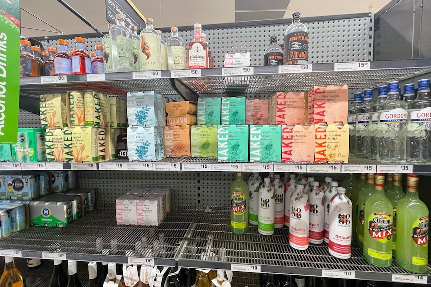 Zero-alcohol products on a supermarket shelf.