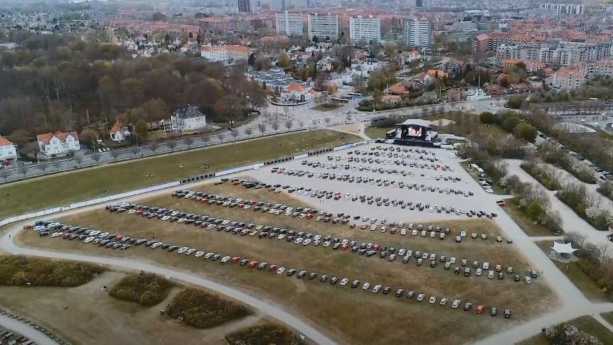 A birds eye view of the Mads Langer drive-in concert in Aarhus, Denmark April 2020