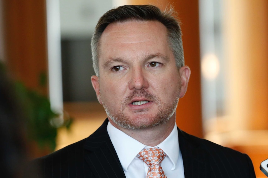 Chris Bowen looks off to the left of the image