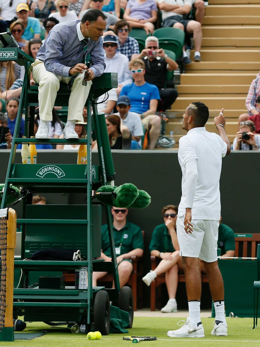 Nick Kyrgios remonstrates with the umpire during his first-round Wimbledon clash