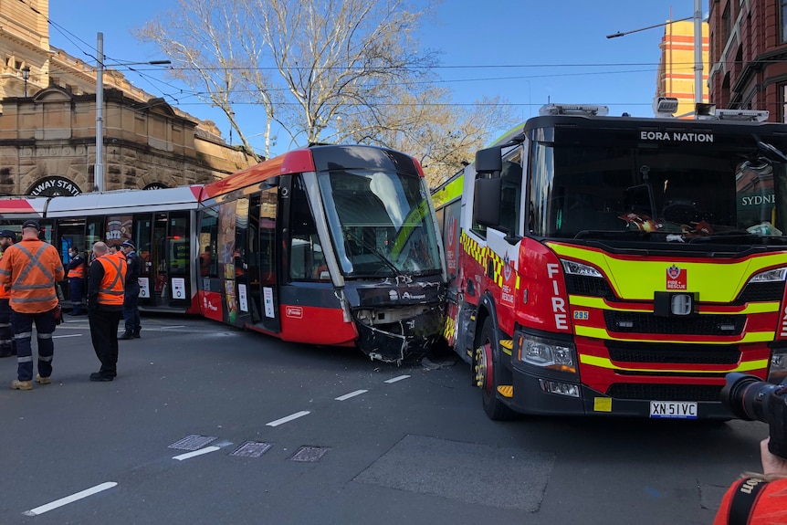A tram and fire truck collide