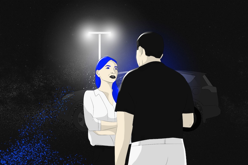 Illustration of man and woman standing in dark carpark talking.