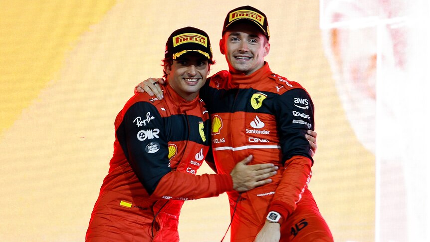 Sainz and Charles Leclerc on the podium after the Bahrain Grand Prix 2022