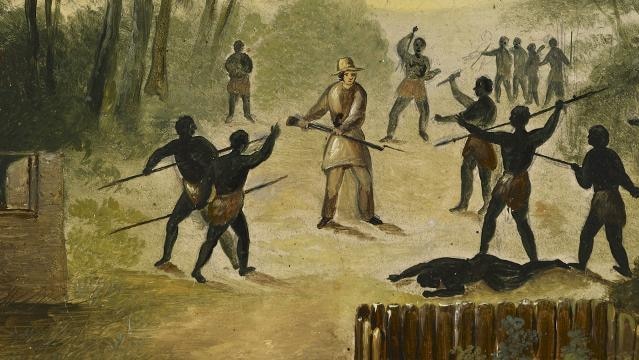 Painting shows Aboriginal people aiming spears at European man