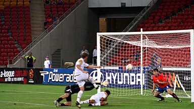 Newcastle right midfielder Matt Thompson scores the only goal of the match.