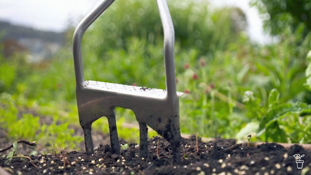 A fork in the soil of a garden bed.